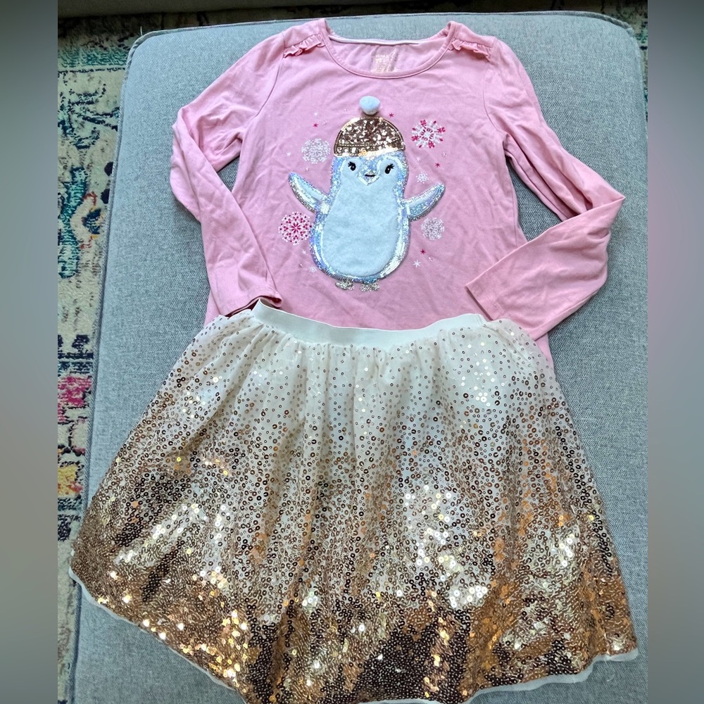 Girls holiday outfit in size 8-10. H&M sparkle skirt. Cynthia Rowley pink shirt.